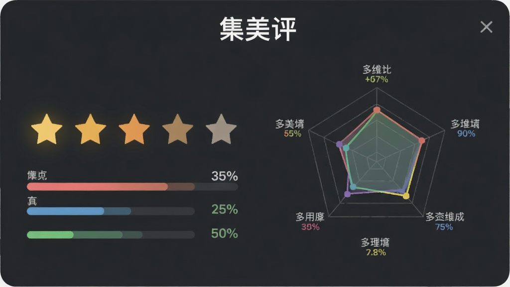 一张评分维度示意图,画面主体为“集美评”应用中的评分面板,包含五角星评分条与多维度雷达图,布局居中对齐,风格清新扁平,细节包括彩色进度条与百分比数字,画质清晰,干净,无多余元素
