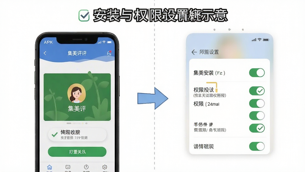 一张手机操作指引图,画面主体为“集美评”应用安装与权限设置流程示意,左侧为APK安装界面,右侧为权限开关面板,布局为左右对比,风格简洁直观,细节包括勾选标记与箭头引导,画质清晰,干净,无多余元素