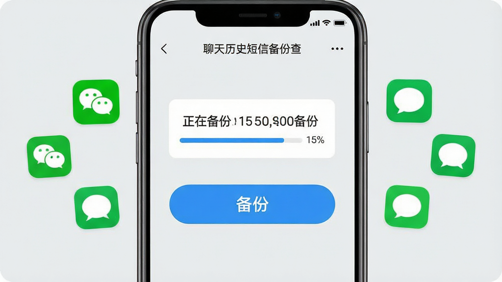画面展示聊天历史短信备份查软件的一键备份功能界面,手机屏幕中央有一个醒目的备份按钮,按钮上方显示正在备份的聊天记录条数与进度百分比,屏幕两侧漂浮着微信、短信等聊天图标,背景为浅灰色简约风格,布局居中对称,细节包含软件名称“聊天历史短信备份查”字样,画质清晰,画面干净无杂乱元素