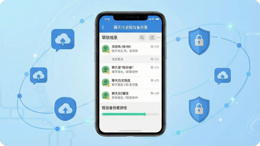 画面中央放置一部智能手机,手机屏幕显示聊天历史短信备份查软件的主界面,界面中包含聊天记录列表与短信备份进度条,背景为浅蓝色渐变科技风格,周围环绕数据备份图标与盾牌安全符号,整体布局简洁有序,风格为扁平化现代科技风,细节包含清晰的软件名称文字“聊天历史短信备份查”,画质高清,画面干净,无多余元素