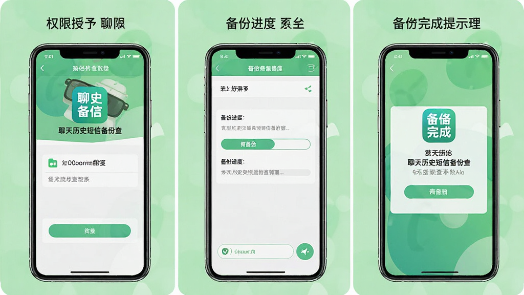 画面展示聊天历史短信备份查软件在手机上的操作流程示意图,手机屏幕分为三个步骤区域,第一步显示权限授予界面,第二步显示备份进度界面,第三步显示备份完成提示界面,背景为浅绿色清新风格,布局为纵向三步骤排列,细节包含“聊天历史短信备份查”软件图标与文字,画质清晰,画面干净整洁