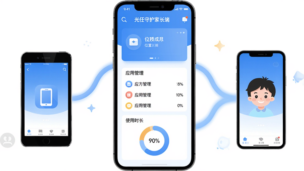 手机屏幕居中展示光任守护家长端应用主界面,左侧为家长端设备图标,右侧为孩子端手机图标,中间用柔和弧线连接,界面包含位置卡片、应用管理列表与使用时长环形图,整体采用蓝白渐变配色,扁平化插画风格,画面干净明亮,细节清晰,高清画质,无多余装饰元素