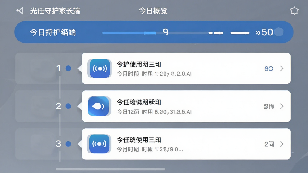 光任守护家长端用机动态时间线界面,纵向排列多个时间节点卡片,每个卡片显示应用图标与使用时段,顶部有今日概览统计条,整体风格简约商务,蓝灰配色,界面干净,文字清晰,高清画质,布局合理无冗余