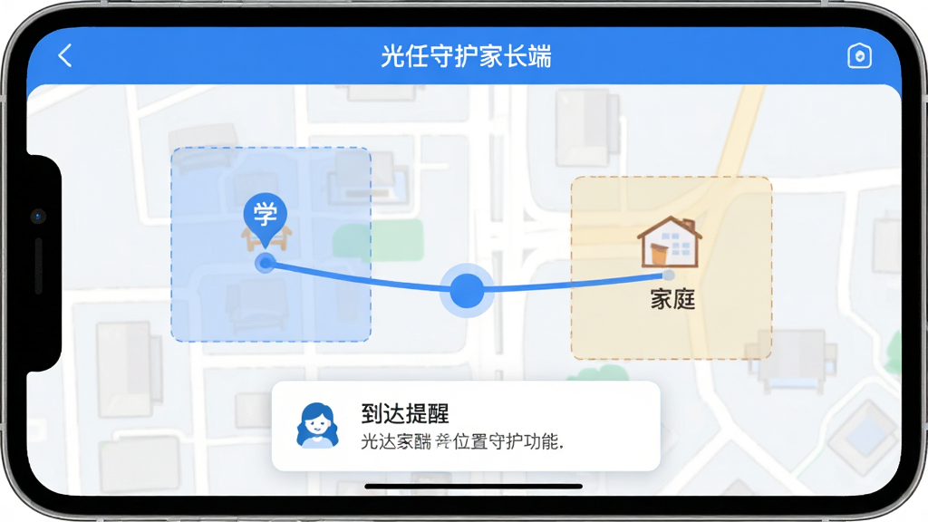 光任守护家长端位置守护功能界面,地图上标注学校与家庭两个安全区域,蓝色圆点表示孩子当前位置,底部弹出到达提醒通知卡片,界面风格清爽简洁,蓝白色调,扁平化设计,文字标注“光任守护家长端”于顶部,画质清晰,布局规整,无杂乱元素