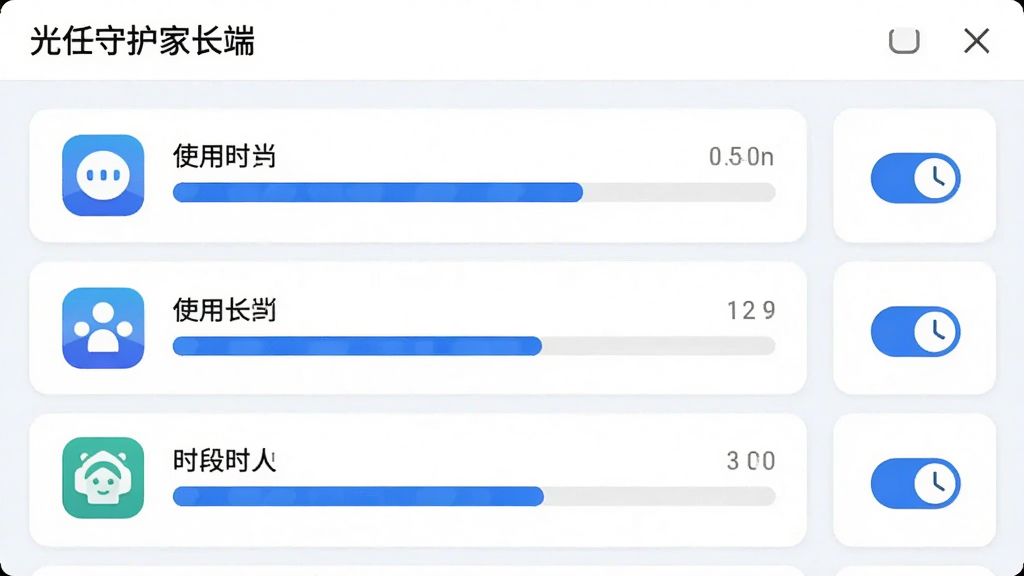 光任守护家长端应用管理界面,列表中展示多个应用图标及对应使用时长条,右侧有开关与时钟图标表示时段限制,界面采用卡片式布局,浅色背景搭配蓝色强调色,顶部标题栏显示“光任守护家长端”,画面整洁,高清画质,无多余元素