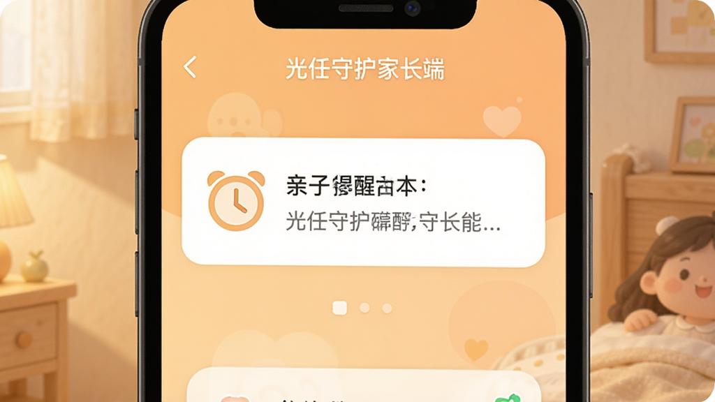 光任守护家长端亲子提醒功能界面,手机屏幕显示一条来自家长的文字提醒通知卡片,背景为柔和暖色调,卡片内含时钟图标与简短文字,界面风格温馨简洁,扁平化设计,顶部标注“光任守护家长端”,画质清晰,无杂乱元素