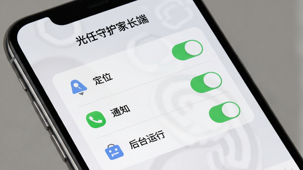 光任守护家长端权限设置引导界面,手机屏幕展示权限授权列表,包含定位、通知、后台运行三项开关,界面采用浅灰质感风格,图标简洁,文字清晰,顶部标注“光任守护家长端”,画面干净,高清画质,无多余元素