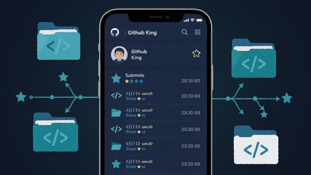 ����������һ�����������ֻ�����Ļ������ʾ Github King �����������棬�����а�������ֿ��б����û�ͷ�������ֻ����ܻ��������Ĵ����ļ���ͼ�����֧����ͼ�Σ����ֲ��þ��й�ͼ���ֻ�ռ�ݻ����Ӿ����ģ�����Ϊ��ɫ���䣻�Ű�����������Ԫ�������ɼ���ͼ���������룻���Ϊ�ִ��Ƽ��б�ƽ�廭����ɫ���������������ɫΪ����ϸ�ڴ����ִ�����š��Ǳ��ղ�ͼ�����ύ��¼ʱ���᣻������������������ɾ����޶���Ԫ�ظ���