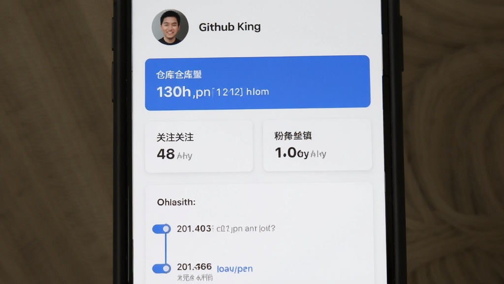 ��������Ϊ Github King �����ĸ�����ҳ��Ϣ�ۺϽ��棬�ֻ���Ļ��չʾͷ�񡢲ֿ�������Ƭ����ע���˿��������Լ����ڻʱ���ߣ����ֲ����ֻ����С�����Ԫ�طֲ�չʾ�ķ�ʽ���Ű������ݿ�Ƭ�������У�ʱ����λ���·������Ϊ�������ĿƼ���ƽ�磬��ɫ�԰�ɫ����������ɫ���ɫģ�飻ϸ�ڴ��ɼ�Բ��ͷ�����ֱ�ǩ����¼��Ŀ����������������ɾ����޶���װ��Ԫ��