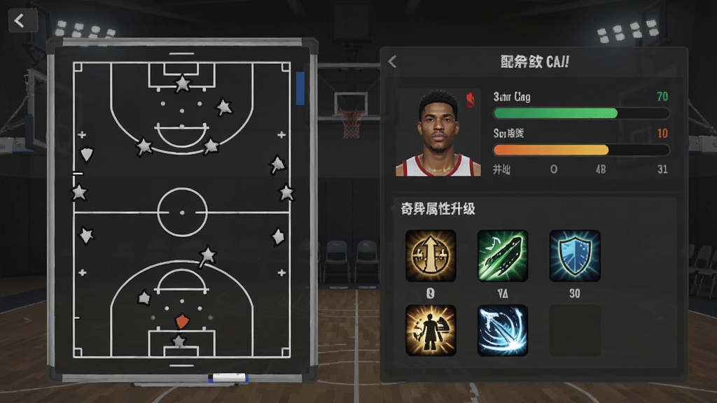 一张美职篮奇迹梦之队战术板与球员养成界面的图片,画面左侧为战术跑位示意图,右侧为球员属性升级面板,包含进度条与技能图标,背景为深灰色调的训练馆风格,整体布局规整,细节清晰,画质干净,无多余装饰元素