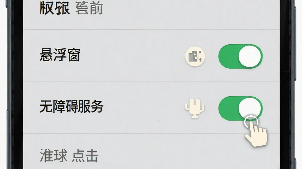 一张安卓手机系统设置界面示意图,画面主体是权限管理页面,页面上高亮显示「悬浮窗」与「无障碍服务」两个开关项,开关呈开启状态并带绿色标识,旁边有奶白色小图标呼应「奶白点击」,布局为竖向列表,风格清爽系统界面风,细节上文字清晰、背景浅灰,画质干净无多余元素