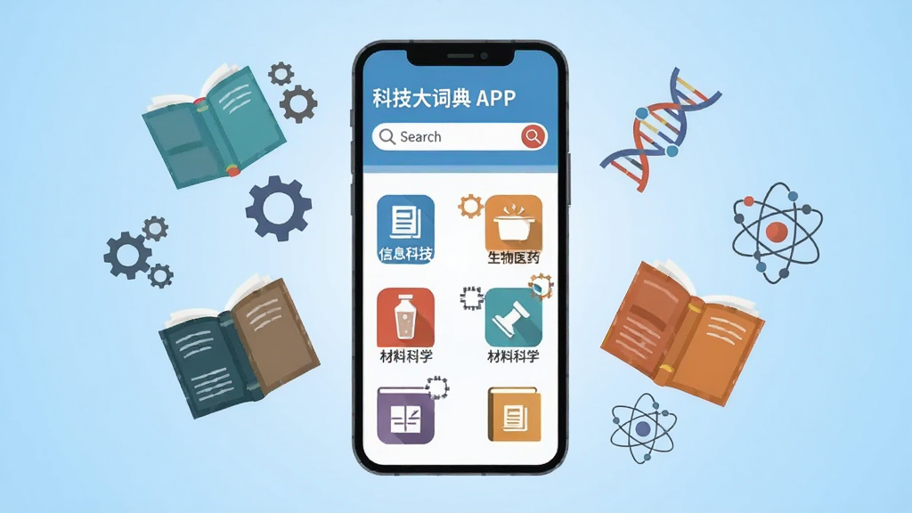 �����������һ�����������ֻ����ֻ���Ļ����ʾ�Ƽ���ʵ�APP����ҳ���棬�����Ϸ����������·���������Ϣ�Ƽ�������ҽҩ�����Ͽ�ѧ�ȷ���ͼ�꣬�ֻ���Χ������Ư�����鼮�����֡�DNA˫������ԭ��ģ�͵ȿƼ�Ԫ�أ�����Ϊǳ��ɫ���䣬���岼�־��жԳƣ����Ϊ��ƽ���Ƽ��廭��ϸ�����������ʸɾ��޶���Ԫ��