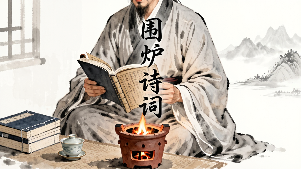 主体为一位古装文人围坐在小火炉旁翻阅书卷,布局采用居中构图,左侧放置线装书与茶盏,右侧留白呈现远山淡影,排版以竖版海报形式呈现,风格为中国水墨淡彩风,细节刻画炉火微光、书页纹理与衣袂褶皱,画质高清、干净、无多余元素,画面中央用毛笔字体书写