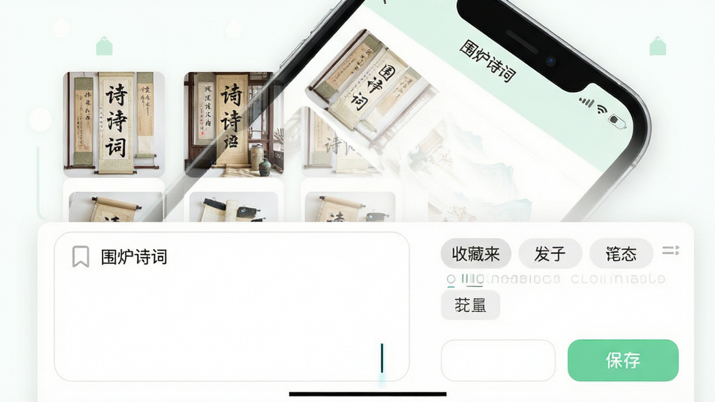 主体为手机界面展示收藏夹与笔记编辑页面,布局为上下结构,上部为诗词列表缩略图,下部为笔记输入框与标签选择区,排版清晰直观,风格为清新浅色扁平化设计,细节包括书签图标、输入光标与保存按钮,画质干净、无多余元素,页面顶部显示