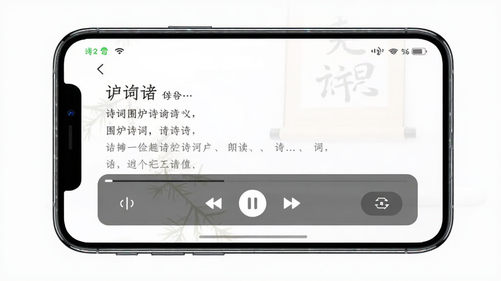 主体为一部智能手机屏幕展示围炉诗词应用界面,布局为正面平视角度,屏幕中呈现诗词详情页与朗读控制条,排版简洁,风格为数码产品展示风,细节包括手机边框反光、界面文字清晰可辨、按钮图标精致,画质高清、干净、无多余元素