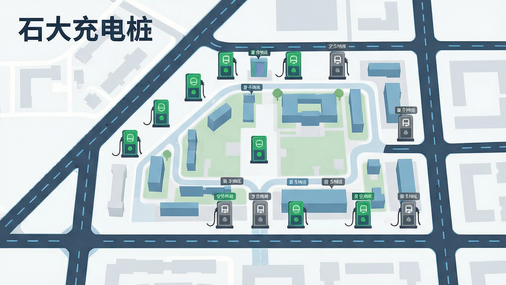 画面主体为一张校园俯视地图,地图上分布着多个充电桩图标,部分图标显示绿色空闲状态,部分显示灰色占用状态;布局为地图铺满画面中央,左上角有“石大充电桩”文字标识;排版采用信息图表式布局,风格为扁平化科技插画风;细节包括道路线条、建筑轮廓与充电桩状态标签;画质清晰、干净、无多余元素