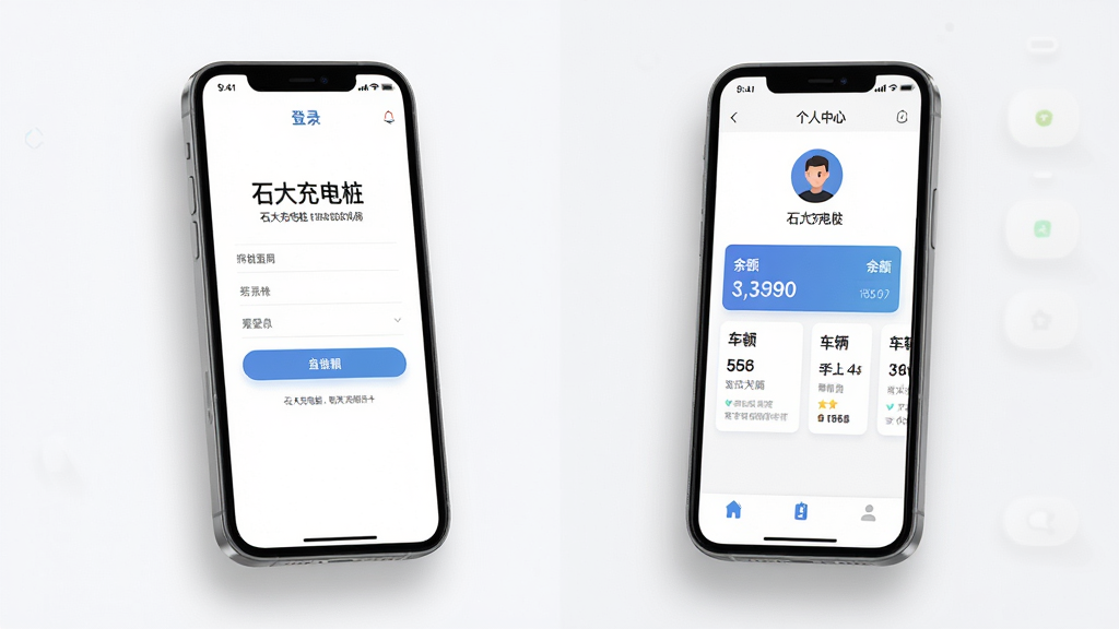 画面主体为手机界面组合展示,左侧为“石大充电桩”登录页,右侧为个人中心页,包含头像、余额与车辆信息卡片;布局为两部手机并排悬浮展示;排版采用对比式产品展示构图,风格为简约现代的UI展示风;细节上界面元素整齐、配色统一、阴影自然;画质高清、干净、无多余元素