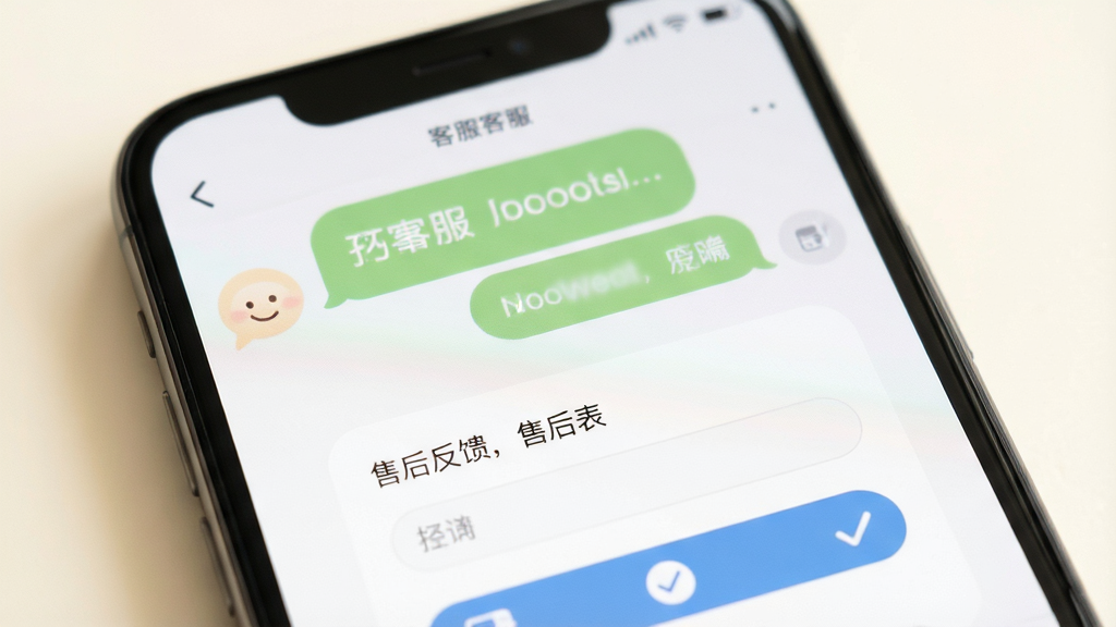 主体为手机屏幕特写,屏幕上呈现客服对话气泡与售后反馈表单,背景为柔和米白色,布局为上下结构,风格温和亲切,细节包含对话图标与勾选按钮,画质清晰干净,画面中不出现任何文字