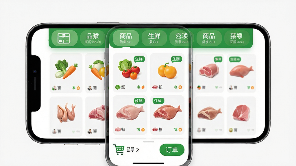 主体为一部智能手机正面展示生鲜购物应用界面,界面上方为绿色系商品分类栏,中部为蔬果与肉禽商品的网格排列,下方为购物车与订单入口,布局居中对称,风格清爽现代,细节包含新鲜蔬菜图标与配送标签,画质清晰干净,无多余元素,画面中不出现任何文字