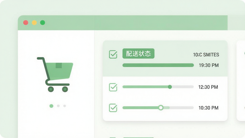 画面中央为一张简洁的订单管理界面示意图,左侧为购物车图标,右侧为订单列表卡片,卡片上带有配送状态标签与时间条,整体采用浅绿色与白色搭配的扁平化风格,布局规整,细节包含勾选标记与进度圆点,画质干净清晰,无多余装饰元素