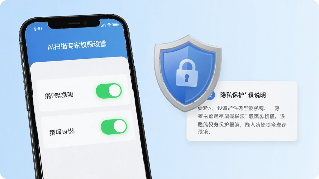 画面主体是一部手机屏幕显示AI扫描专家权限设置界面,界面中相机与存储权限开关处于开启状态,手机旁边布局着一个盾牌图标与一份隐私保护说明卡片,背景为浅蓝色渐变,风格为安全提示风,细节上权限开关有绿色高亮,画质清晰,画面干净,无多余元素