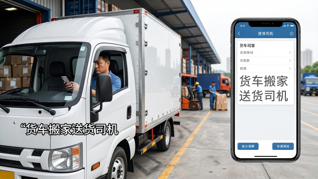 画面主体为一辆白色轻型厢式货车停靠在城市物流园装卸区,司机手持手机查看订单信息,背景有仓库货架与搬运工人,布局上货车位于画面左侧三分之一处,右侧留白展示手机屏幕界面,排版采用横向构图,风格为写实商业摄影感,细节包括车厢反光、地面标线、司机专注神情,画面中打文字“货车搬家送货司机”,画质清晰干净无多余元素