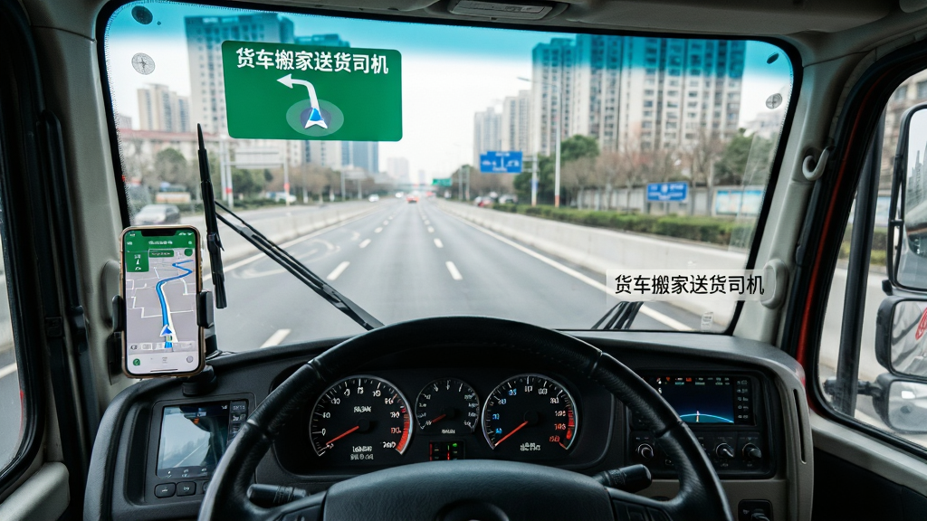 画面主体为货车驾驶室内视角,挡风玻璃外是城市道路与导航指示,仪表台旁手机支架上显示路线界面,布局上方向盘位于画面下方,道路延伸至远方形成引导线,排版为第一人称驾驶视角,风格为真实行车记录感,细节包括仪表盘反光、手机屏幕路线线条、窗外建筑轮廓,画面中打文字“货车搬家送货司机”,画质清晰干净无多余元素
