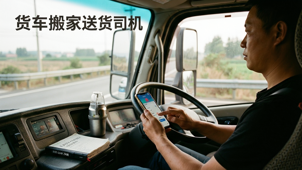 画面主体为司机坐在货车驾驶室休息间隙用手机操作应用,旁边放着水杯与行车记录本,布局上人物位于画面右侧,左侧为车窗外的公路风景,排版为半身中景,风格为温暖纪实风,细节包括手机屏幕微光、手部动作、座椅纹理,画面中打文字“货车搬家送货司机”,画质自然干净无多余元素