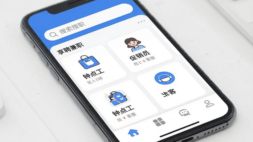 手机屏幕展示享聘兼职应用主界面,界面为清新蓝白配色,顶部搜索栏,中部为兼职岗位卡片列表,包含钟点工、促销员、线上客服等分类图标,底部导航栏清晰,整体布局简洁有序,扁平化UI设计风格,细节精致,画质清晰干净,无多余元素