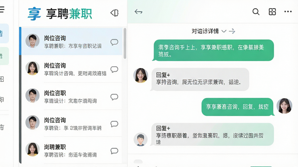 享聘兼职应用内在线沟通界面展示,左侧为聊天会话列表,右侧为对话详情窗口,对话气泡包含岗位咨询与回复内容,界面顶部显示享聘兼职标识,整体风格清爽明亮,扁平化设计,画质清晰细腻,干净无杂物