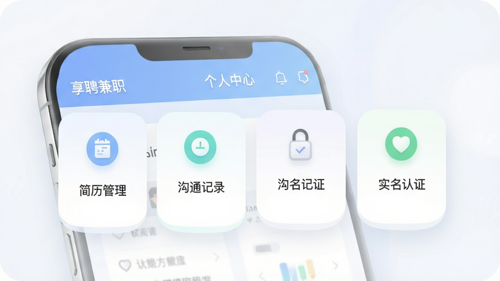 享聘兼职应用个人中心页面展示,包含简历管理、应聘记录、沟通记录、实名认证等功能入口,界面为卡片式布局,配色柔和,图标简洁统一,整体风格现代清新,画质清晰,干净利落无冗余元素