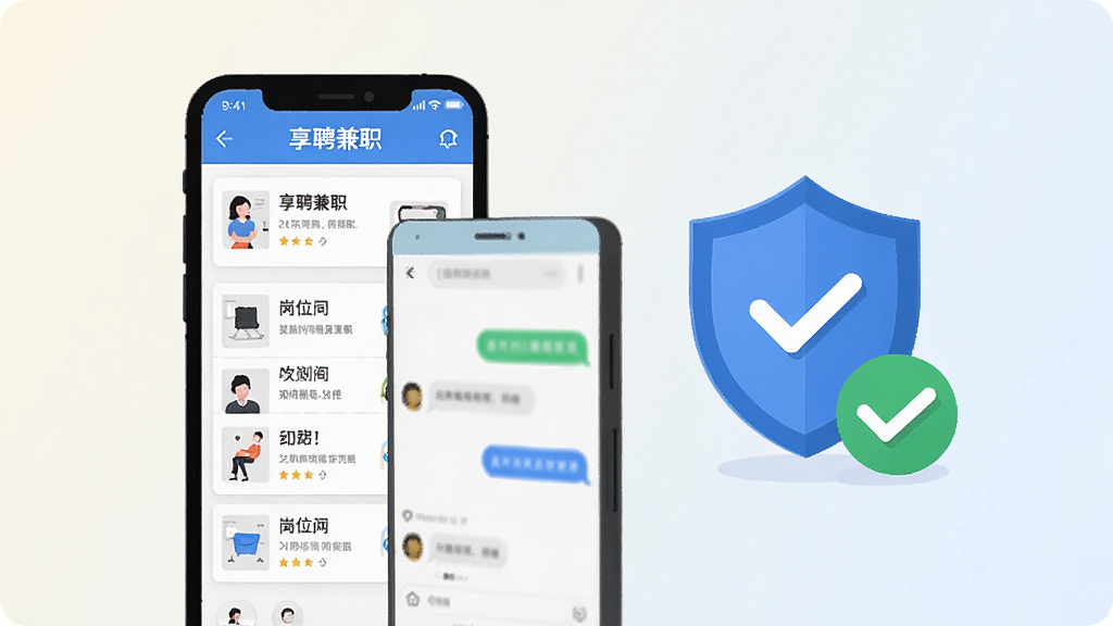享聘兼职应用使用场景示意图,手机屏幕显示岗位列表与聊天窗口,旁边配有盾牌安全图标与勾选标记,背景为浅色渐变,扁平插画风格,构图简洁明了,画质清晰干净,无杂乱装饰