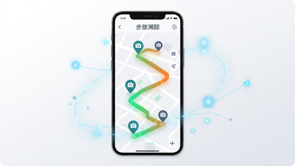 画面中央是一部竖屏智能手机,屏幕上显示步旅溯踪应用的轨迹地图界面,地图上有一条由绿色渐变到橙色的行走路线,路线旁分布着几个带相机图标的地点标记,手机周围环绕着淡蓝色的数据光点与细线,背景为浅灰白色渐变,整体采用扁平化科技插画风格,细节干净利落,画质清晰,画面中不出现任何文字,无多余装饰元素