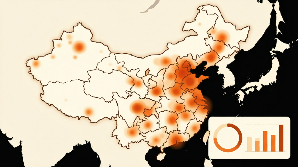 以中国地图轮廓为背景的信息图,地图上散布着深浅不一的橙色热力斑块,右下角有一个简洁的环形进度图与柱状图组合面板,整体为数据可视化风格,配色以暖橙与米白为主,线条干净,画质清晰,画面中不出现文字,无冗余装饰