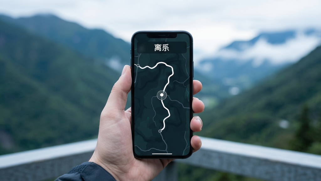 一只手拿着手机站在山谷观景台上,手机屏幕显示带有离线标识的深色地图界面,地图上有清晰的白色路线与定位圆点,背景是模糊的青山与云雾,冷色调户外摄影风格,画面干净通透,画质清晰,画面中不出现文字,无多余元素