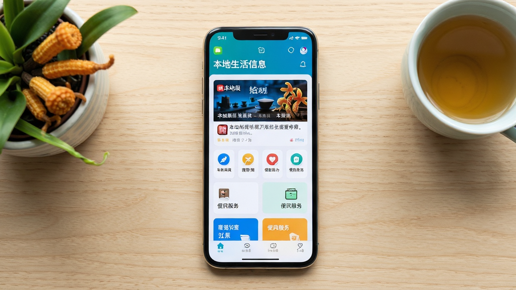 主体为一部智能手机屏幕显示本地生活信息流界面,布局为手机居中放置于浅色木纹桌面上,周围点缀霍山石斛盆栽与茶杯,排版采用上下分层结构上方为应用标题下方为功能图标网格,风格为清新写实生活摄影风,细节包括屏幕内可见本地新闻卡片与便民服务按钮图标,画质清晰干净无多余元素