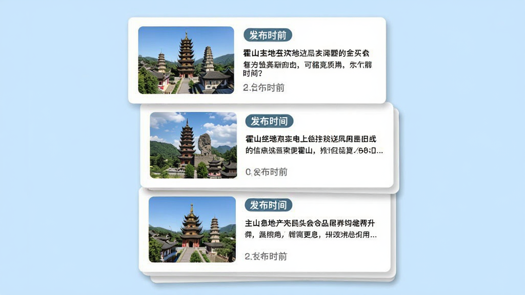 主体为信息流卡片堆叠展示,布局为纵向排列三张资讯卡片悬浮于浅蓝背景中,排版左图右文结构,风格为扁平化信息设计风,细节包括卡片上带有霍山本地地标缩略图与发布时间标签,画质干净清晰无杂乱装饰
