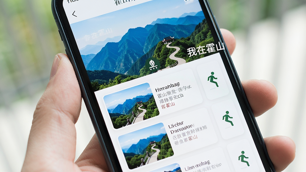 主体为手机屏幕展示霍山景点导览页面,布局为上方景区大图下方列表式景点条目,排版采用图文混排卡片流,风格为旅行杂志清新风,细节包括屏幕中可见山脉轮廓与步道图标以及“我在霍山”字样水印,画质明亮干净无多余元素