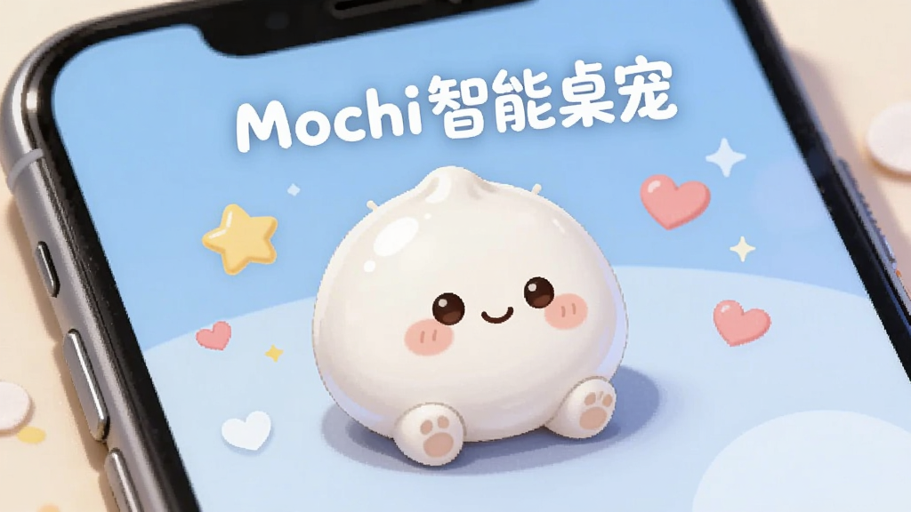 一只圆润可爱的白色糯米团子造型虚拟桌宠,坐在手机屏幕边缘,屏幕背景是简洁的浅蓝色桌面,周围散落着星星和小爱心装饰,画面中央上方用圆润字体写着“Mochi智能桌宠”,整体风格清新治愈,卡通插画质感,光线柔和,细节干净,画质清晰,无多余杂乱元素