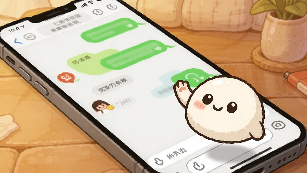 一只白色糯米团子桌宠悬浮在手机桌面右下角,手机屏幕显示聊天界面,桌宠正举起小手打招呼,背景是温馨的室内桌面环境,画面采用明亮卡通风格,构图突出桌宠与手机的互动关系,细节丰富,画质干净清晰