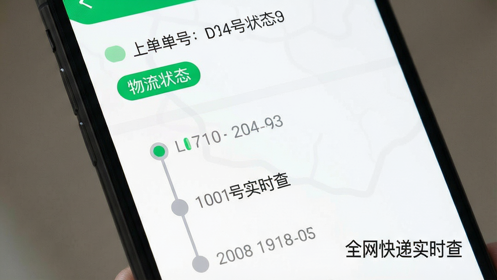 主体为手机应用物流轨迹页面特写,布局为上下结构,上方显示快递单号与状态标签,下方为垂直时间轴节点列表,排版清晰有序,风格为现代简约扁平风,细节包括绿色状态标识、灰色时间文字、圆点连接线,画质高清干净,无多余元素,画面中打文字“全网快递实时查”