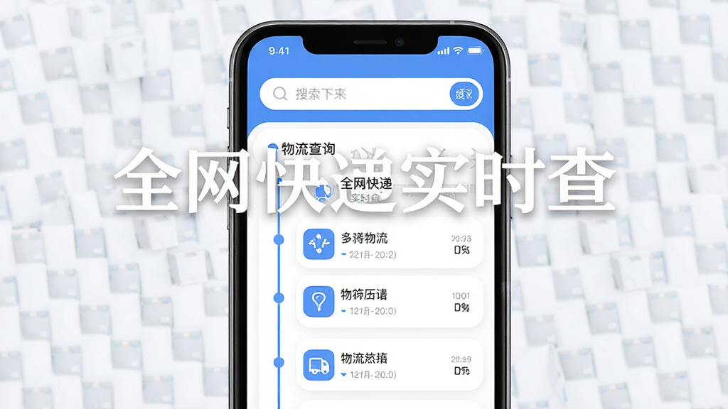 主体为一款手机应用界面展示,布局采用居中构图,手机屏幕显示快递查询结果页面,排版为上方搜索框、下方时间轴物流列表,风格为清爽简约的扁平化设计,细节包括蓝色主色调、圆角卡片、清晰的物流节点文字与图标,画质清晰干净,无多余元素,画面中打文字“全网快递实时查”