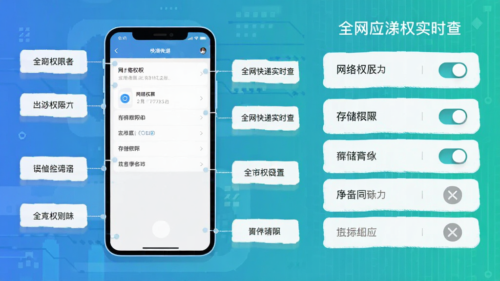 主体为手机屏幕展示应用权限设置界面,布局为居中手机模型加周围设置选项标注,排版为左侧手机、右侧权限列表说明,风格为科技感扁平插画风,细节包括网络权限开关、存储权限开关、灰色禁用图标,画质清晰干净,无多余元素,画面中打文字“全网快递实时查”