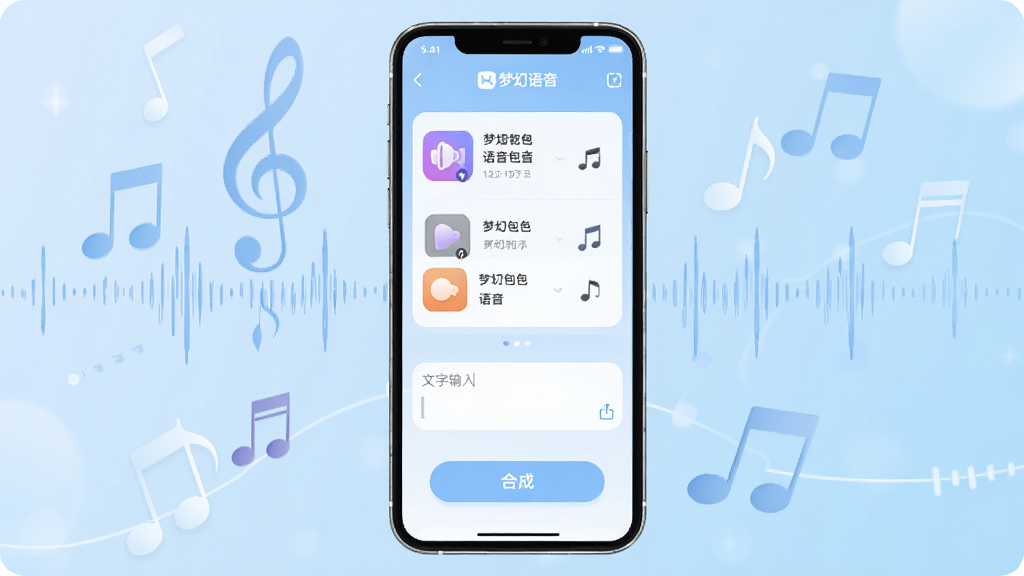 一张展示梦幻语音软件主界面的手机截图风格图片,画面中央是手机屏幕,屏幕上显示梦幻语音APP的首页界面,包含语音包列表、文字输入框、合成按钮等元素,界面风格简洁清新,背景为浅蓝色渐变,周围有一些音符和声波装饰元素,整体风格干净明亮,画质清晰,无多余元素