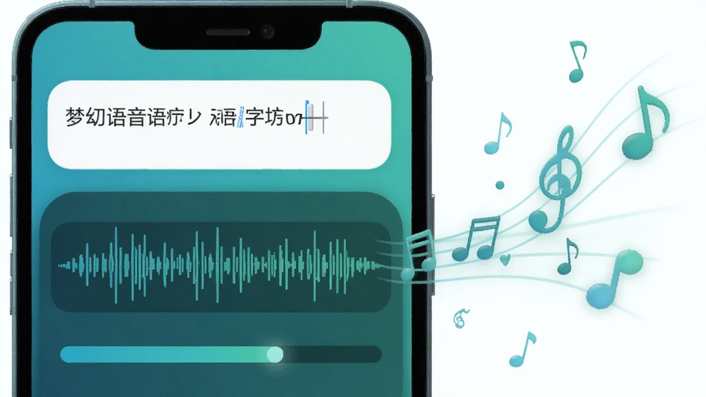 一张展示梦幻语音文字转语音合成过程的图片,画面中手机屏幕上方是文字输入区域,下方是语音波形图和合成进度条,屏幕旁边有音符飘出的视觉效果,整体色调为清爽的蓝绿色,风格简洁现代,画质清晰,无多余元素