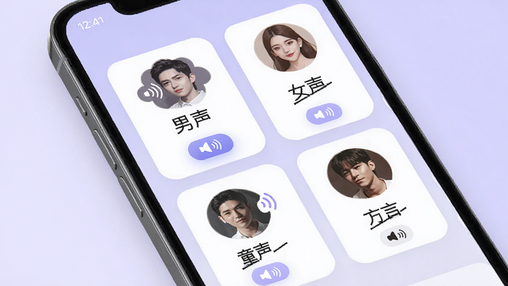一张展示梦幻语音多音色选择界面的概念图,画面中手机屏幕显示多个语音包头像卡片排列,每张卡片上标注不同音色名称如男声、女声、童声、方言等,卡片风格统一且带有试听按钮图标,背景为柔和的浅紫色调,画面干净整洁,突出语音包选择的丰富性,画质清晰,无多余元素