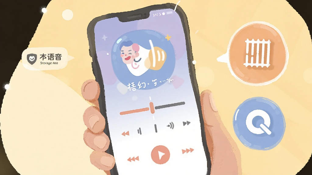 一张展示手机使用语音合成软件时的操作场景图,画面中一只手拿着手机,屏幕上显示梦幻语音的合成进度界面,旁边有存储空间提示图标和权限设置齿轮图标,整体风格为扁平化插画,色调温暖明亮,画质清晰,无多余元素
