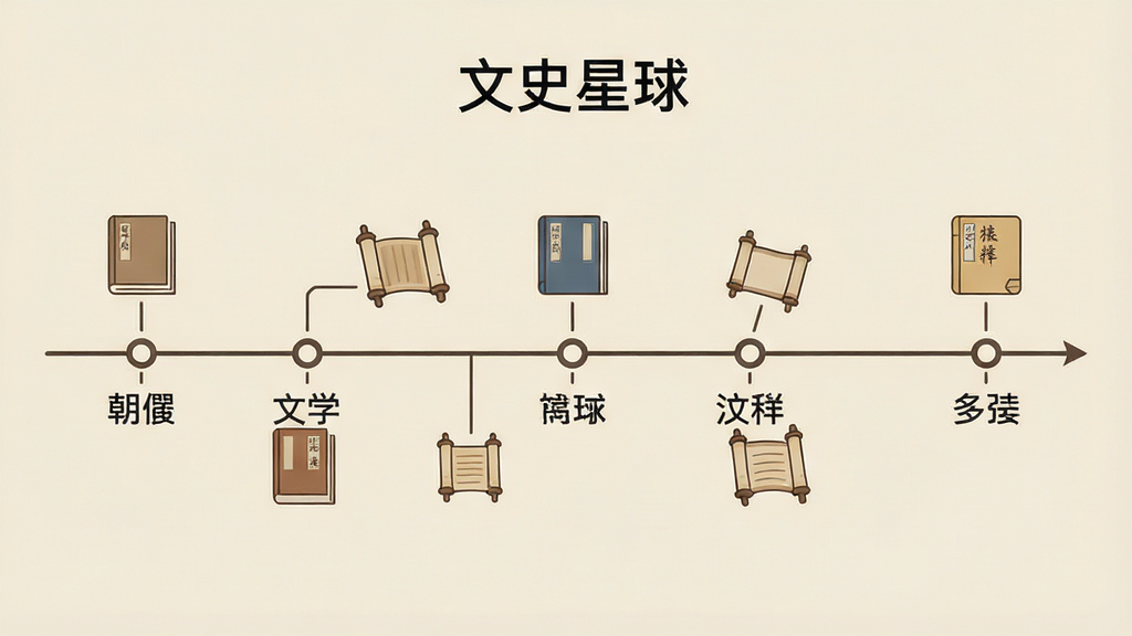 一张“文史星球”时间线功能的示意图,画面主体是一条横向延伸的历史时间轴,轴上分布多个朝代节点与文学名著图标,背景为浅米色,布局为时间轴居中贯穿画面,风格为简约信息图风,细节包括节点圆点、朝代文字标签、书本与卷轴小图标,画质清晰,画面干净,无多余元素