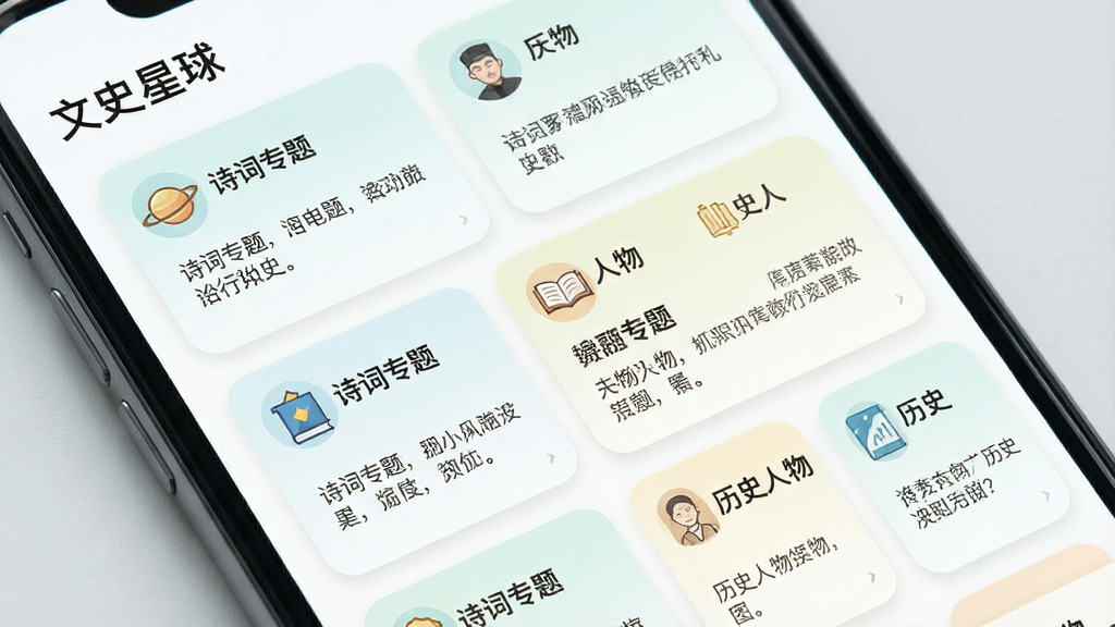 一张“文史星球”主题阅读页面的展示图,画面为手机屏幕特写,屏幕上呈现多个主题卡片,卡片标题带有“诗词专题”“历史人物”等字样,布局为卡片网格排列,风格为清新浅色卡片风,细节包括卡片圆角、图标与简要说明文字,画质干净,无多余元素