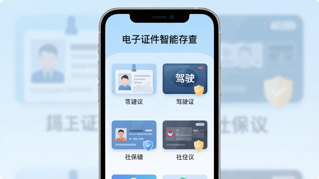手机屏幕中央展示“电子证件智能存查”应用界面,界面内整齐排列身份证、驾驶证、社保卡等证件卡片图标,背景为浅蓝色渐变,布局简洁对称,风格为扁平化科技插画,细节包含盾牌安全标识与分类标签,画质清晰干净,无多余元素